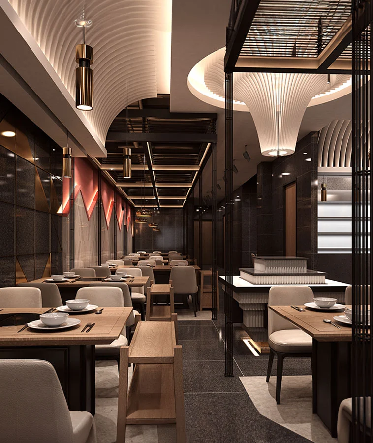 A modern, upscale restaurant interior with sleek furniture, elegant lighting, and a sophisticated ambiance - Out of Town Patient Resources in New York, NY